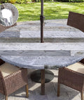 Brown Round Outdoor Fitted Tablecloth With Umbrella Hole Waterproof Wipeable Zippered Patio Table Cover For Picnic Patio Garden Fits Most 36 To 44 Inch Round Tables Easy Install And Easy Clean installed on patio table
