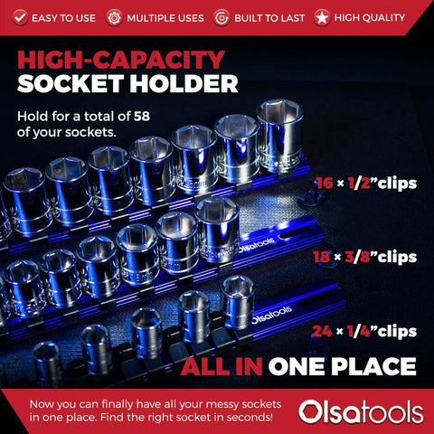 Aluminum Socket Organizer Set With Locking End Caps For One Quarter Inch Drive Sockets, Three Eighths Inch Drive Sockets, And One Half Inch Drive Sockets, 58 Socket Capacity Across 24 18 16 Clips, Professional Quality Socket Holder In Blue with sockets displayed on blue rails