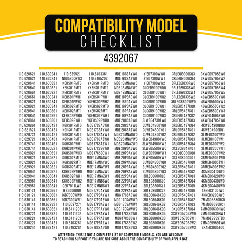 Dryer Repair Kit 4392067 For Whirlpool Duet Front Load Dryers compatibility model checklist for replacement parts