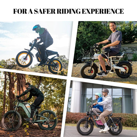 Four mountain bikes with riders in different environments, promoting safer riding experience.