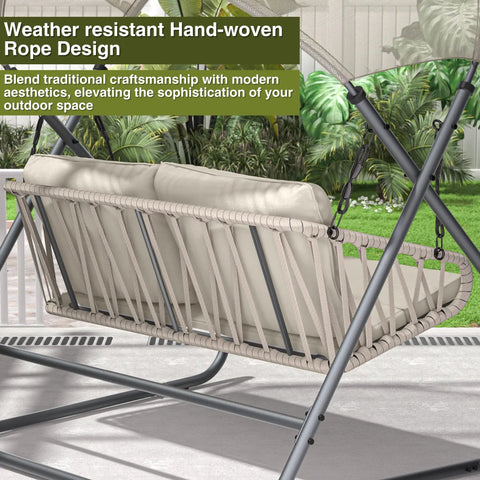 Two-Seat Outdoor Porch Swing With Canopy, Hanging Glider Bench With Thick Cushions showing woven rope design and rustproof metal frame