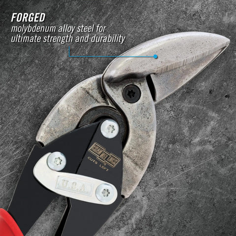 Close-up of 10-inch Left Cut Offset Aviation Snips with CR steel body and molybdenum blade inserts for precise metal cutting.