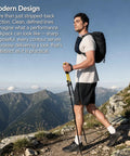 Man hiking with lightweight hydration backpack for runners with 12L capacity, breathable mesh back panel, two 500ml soft flasks