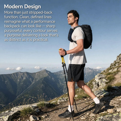 Man hiking with lightweight hydration backpack for runners with 12L capacity, breathable mesh back panel, two 500ml soft flasks