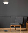 Modern Torchiere Floor Lamp In Black With White Frosted Shade, 70 Inch Tall Uplight, 150 Watt Incandescent