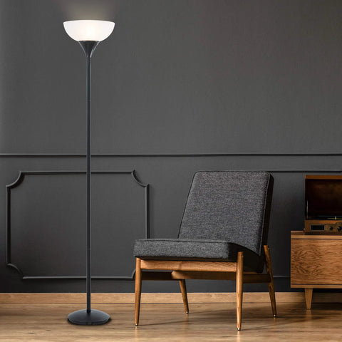 Modern Torchiere Floor Lamp In Black With White Frosted Shade, 70 Inch Tall Uplight, 150 Watt Incandescent