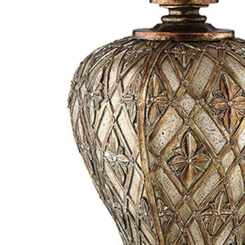 Basket Weave Resin Table Lamp In Gold Silver Coppery Metallic Finish With Three-Way Switch, Raised Diamond And Leaf Base