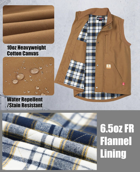 Mens Heavy Duty Flame Retardant Work Vest Insulated For Winter Cold Weather with 10oz cotton canvas and flannel lining.