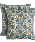 Block Print Asparagus Green Pillow Covers 16x16 Set of 2, farmhouse boho cotton cushion covers shown front and back