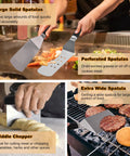 All In One Flat Top Griddle Accessories Kit with Enlarged Spatulas, Burger Press, Chopper, and grilling tools in use