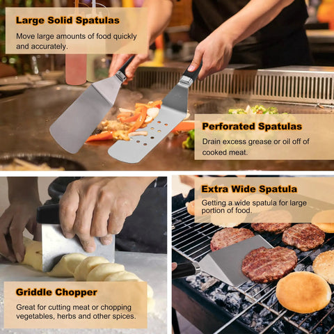 All In One Flat Top Griddle Accessories Kit with Enlarged Spatulas, Burger Press, Chopper, and grilling tools in use