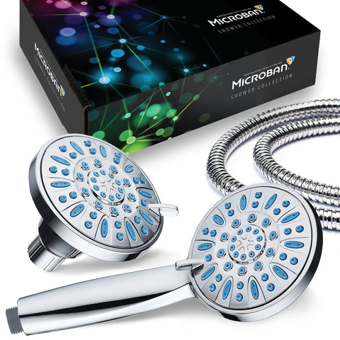 Antimicrobial Anti-Clog High-Pressure Shower Head With 30-Setting Spray Microban Nozzle Protection Aqua Blue Finish and box