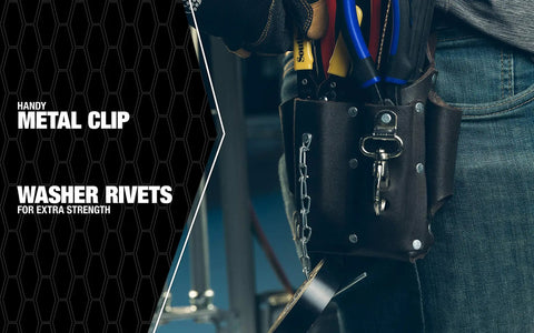 Leather Tool Pouch With Five Pockets And Tape Chain, fade resistant, metal clip, and washer rivets on a work belt close up