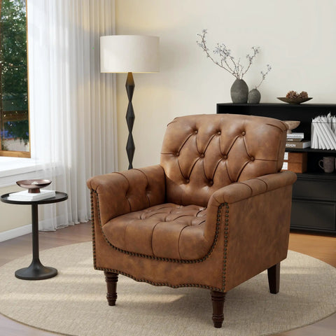 Faux Leather Accent Chairs Set Of 2 For Living Room And Bedroom - Comfy Club Armchairs With Button Tufting, Brown Upholstery