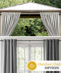 Industrial Pipe Curtain Rod In Textured Black Five Eighths Inch Diameter Adjustable Forty Eight To Eighty Four Inches Rugged Yet Sleek For Loft Style Windows Durable For Indoor Or Covered Outdoor Use Light To Medium Curtains, shown in both indoor and outdoor settings with gray drapes.