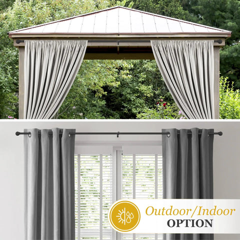 Industrial Pipe Curtain Rod In Textured Black Five Eighths Inch Diameter Adjustable Forty Eight To Eighty Four Inches Rugged Yet Sleek For Loft Style Windows Durable For Indoor Or Covered Outdoor Use Light To Medium Curtains, shown in both indoor and outdoor settings with gray drapes.