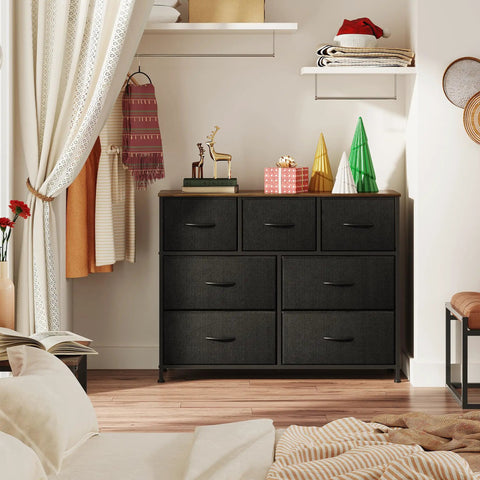 7 Drawer Dresser And TV Stand Media Console With Metal Frame And Wood Top For TVs Up To 45 Inches in bedroom setting