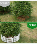Before and after of a shrub with No Dig Garden Edging Border Kit 13 Ft White 14.6 Inch Tall With 14 Stakes creating a clean border.