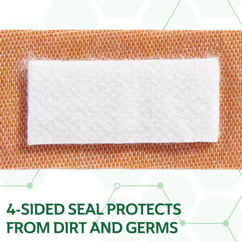 Fabric bandage close-up with white pad on tan adhesive strip