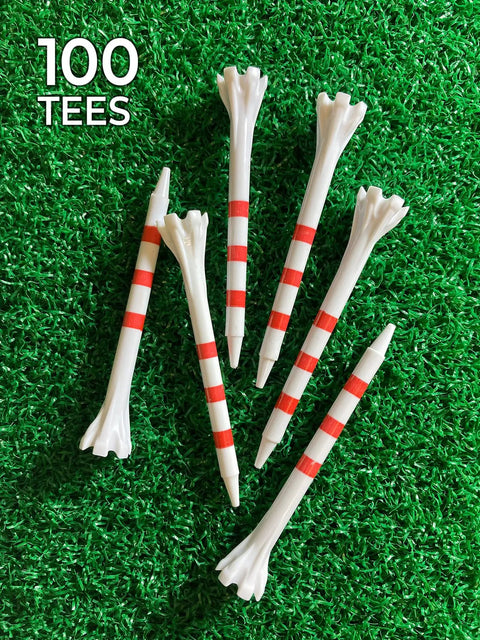Two And Three Quarter Inch My Hite Flytees Golf Tees White Red Stripe Bulk Pack 100 Count displayed on green grass