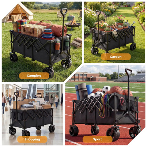 Extra Long Folding Wagon Cart with 49 Inch Unfolded Length 440 Lbs Capacity Built For Beasts All Terrain Wheels in use.