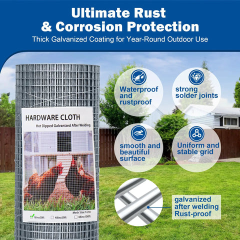 Heavy Duty 19 Gauge Hardware Cloth Half Inch Square Mesh 16 Inch Wide By 50 Feet Long Welded Wire Fence Roll with protective coating.