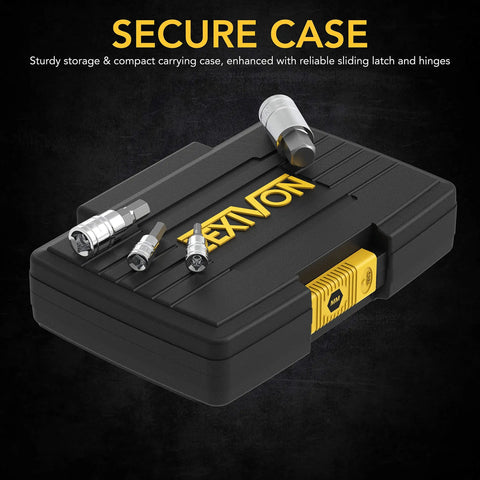 Premium 13 Piece Metric Hex Bit Socket Set With S2 Alloy Steel Bits on black storage case with yellow latch