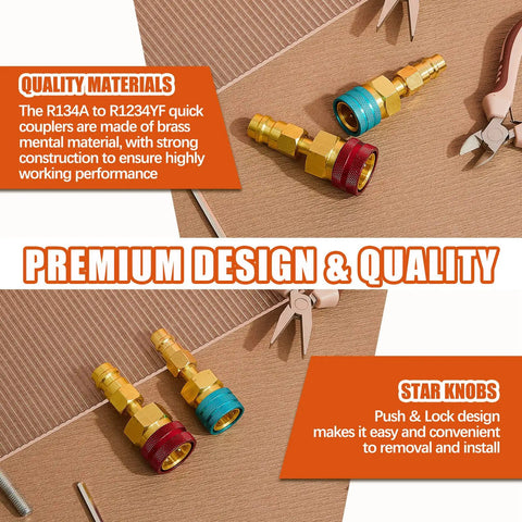 R1234YF To R134A Quick Coupler Kit with brass blue and red adapters shown on cardboard surface with tools.