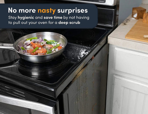 Two Pack Silicone Stove Gap Covers For 25 Inch Gaps Between Stovetop And Counter Heat Resistant Gap Filler And Guard Easy To Clean Black Kitchen Accessory To Stop Messes And Crumbs shown on stove and counter