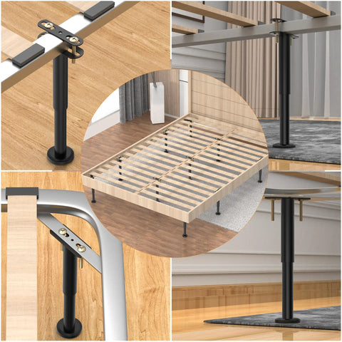 Adjustable Height Bed Support Legs 7.08 to 12.6 Inches With Swivel Base shown supporting bed frame center slats