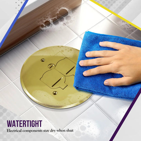 Hand cleaning a brass Five Point Six Two Five Inch Dual Flip Lid Floor Box Cover For 1 Gang 20A Tamper-Resistant Type A Duplex Outlet