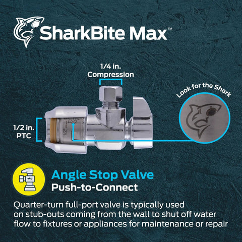 Diagram of Brass Push To Connect Angle Stop Valve Half Inch MIP, Quarter Turn, Brushed Nickel Finish with details highlighted
