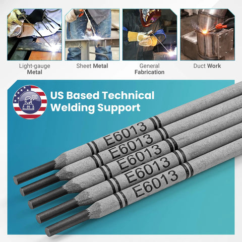 All Position Stick Welding Electrodes 1 Eighth Inch, 5 Lb For Sheet Metal And Mild Steel Smooth Arc Easy Slag Removal Beginner Friendly DIY Carbon Steel Weld Rods AC DC And 110V Compatible E6013 rods shown for sheet metal and duct work