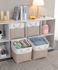 Slick Cube Storage Bins Ditch The Mess Fabric Baskets For Closets And Shelves Foldable Organizer Containers A Clutch Home Stash Box In Light Khaki 13 Inch 3 Pack on a shelf with toys and books.