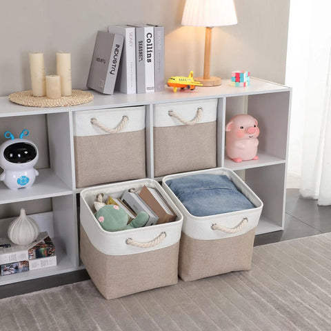 Slick Cube Storage Bins Ditch The Mess Fabric Baskets For Closets And Shelves Foldable Organizer Containers A Clutch Home Stash Box In Light Khaki 13 Inch 3 Pack on a shelf with toys and books.