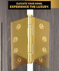 Beefy Solid Brass Door Hinges, Heavy Duty Ball Bearing, Polished Tarnish Aged Patina Gold, 4.5 By 4.5 Inches, open on wooden door