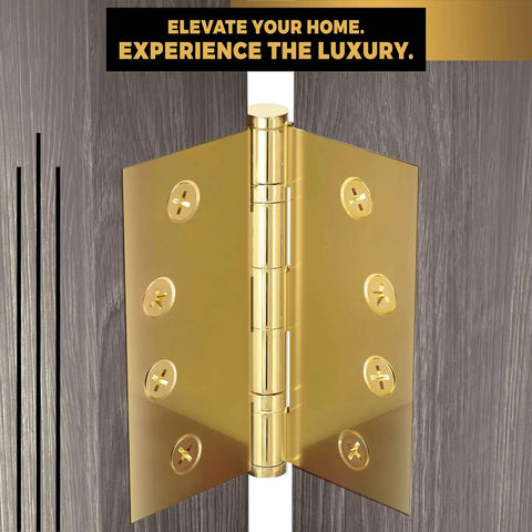 Beefy Solid Brass Door Hinges, Heavy Duty Ball Bearing, Polished Tarnish Aged Patina Gold, 4.5 By 4.5 Inches, open on wooden door