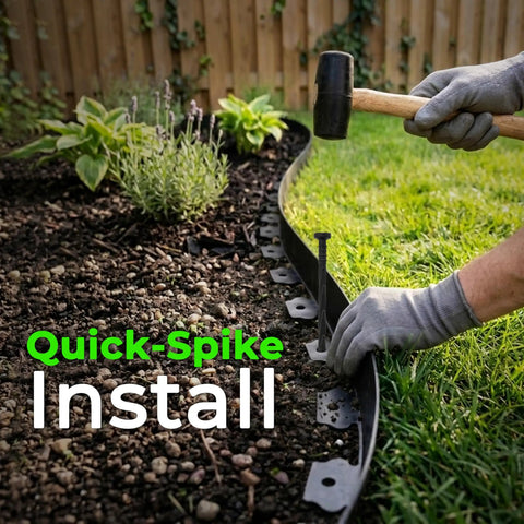 Installing 1.5 Inch Tall Landscape Edging Kit 33 Ft per piece with 120 spikes for garden borders and pathways in a yard.