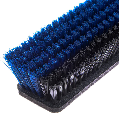 Top Rated 18 Inch Push Broom Head Replacement Featuring Angled Synthetic Bristles, blue and black bristles on a sturdy base.