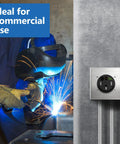 Welder working near NEMA 14-50R Wall Plate 1-Gang Outlet Cover For EV Charger And RV Receptacle Built Tough Stainless Steel Mounting Plate