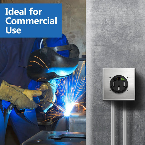 Welder working near NEMA 14-50R Wall Plate 1-Gang Outlet Cover For EV Charger And RV Receptacle Built Tough Stainless Steel Mounting Plate