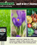 Image showing Rapitest 4 In 1 Soil PH Moisture Fertility And Light Tester for Gardens and Lawns next to flowers and vegetables.