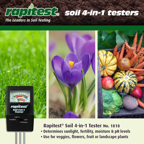 Image showing Rapitest 4 In 1 Soil PH Moisture Fertility And Light Tester for Gardens and Lawns next to flowers and vegetables.