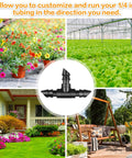 Barbed Drip Irrigation Tee Fittings Kit for Quarter Inch Tubing, 100 Pieces shown with garden and greenhouse scenes