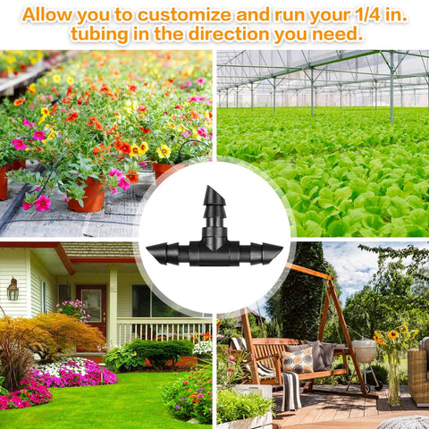 Barbed Drip Irrigation Tee Fittings Kit for Quarter Inch Tubing, 100 Pieces shown with garden and greenhouse scenes
