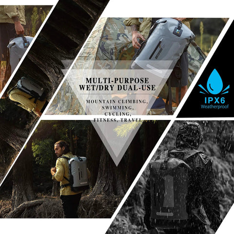 Waterproof Dry Backpack For Men 20L 30L 40L 500D PVC shown in diverse outdoor activities.