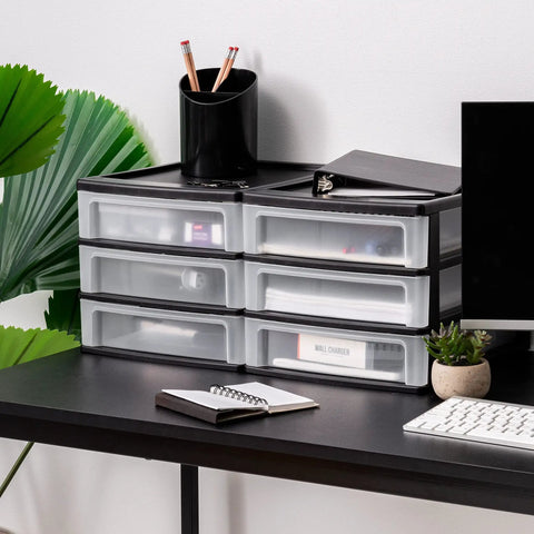Stacking Desk Top 3 Drawer Storage Organizer, 2 Pack, on desk with stationery and plants visible, black, clear drawers.