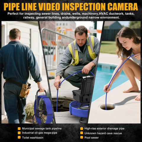 Heavy Duty 165 Ft Self Leveling Sewer Camera With 9 Inch HD Screen inspecting various pipes outdoors for locating clogs.