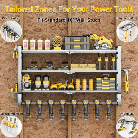 4 Layer Extra Tall Power Tool Organizer Wall Mount 400lbs Capacity Heavy Duty Metal Rack With 8 Cordless Drill Holders For Workshop Garage And Warehouse Ideal Gift For Men, holding various power tools and accessories in a garage setup.