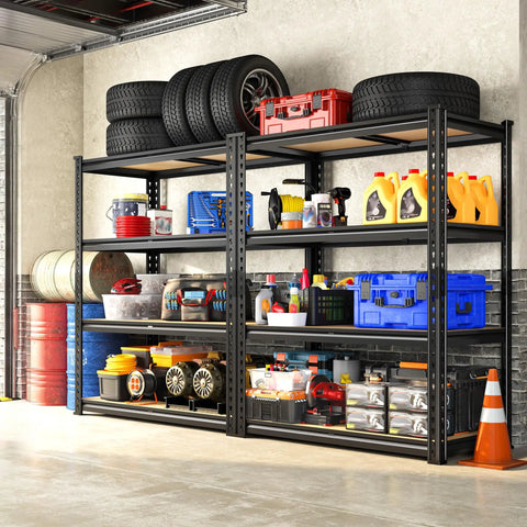 Two Pack Adjustable Garage Shelves With Side By Side Design Deliver 71 Inch Wide Storage For Garage Pantry And Kitchen Heavy Duty Build Perfect For 18 Gallon Storage Boxes Five Gallon Buckets Spare Tires Moving Boxes And More, black steel garage shelves with tires and storage bins